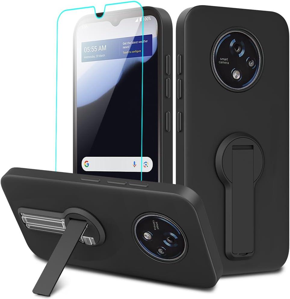 Compatible with Orbic Joy2 2024 Phone Case with Tempered Glass Screen Protector, 360 Rotatable Folding hidden Kickstand/Stand Silicone Shockproof Protective Cover Case for Orbic Joy 2 - Black