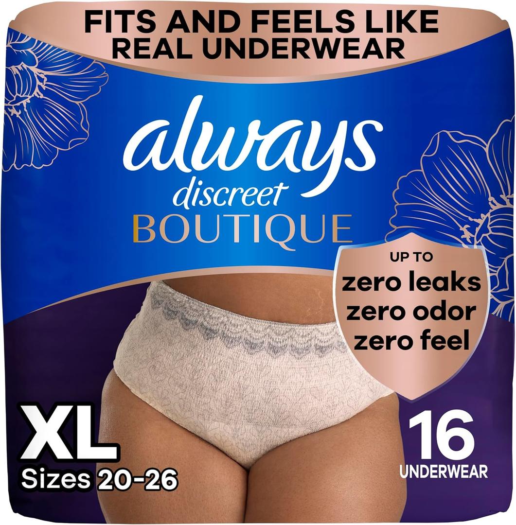 Always Discreet Boutique Incontinence and Postpartum Underwear for Women, Maximum Protection, Extra Large, Rosy, 16 Count