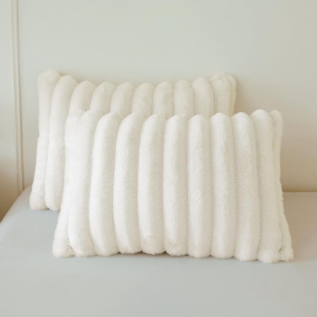MEGO Set of 2 Fluffy Faux Rabbit Fur Pillowcases, Cozy Luxury Striped Plush Fuzzy Zippered Pillow Cases, Decorative Shaggy Furry Ivory Long Pillow Shams for Bedroom Living Room 20x36, King, Beige