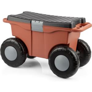 Pure Garden Rolling Garden Cart with Seat - Plastic Storage with Bench and Tool Tray - Gardening Stool for Weeding or Planting (Terracotta)
