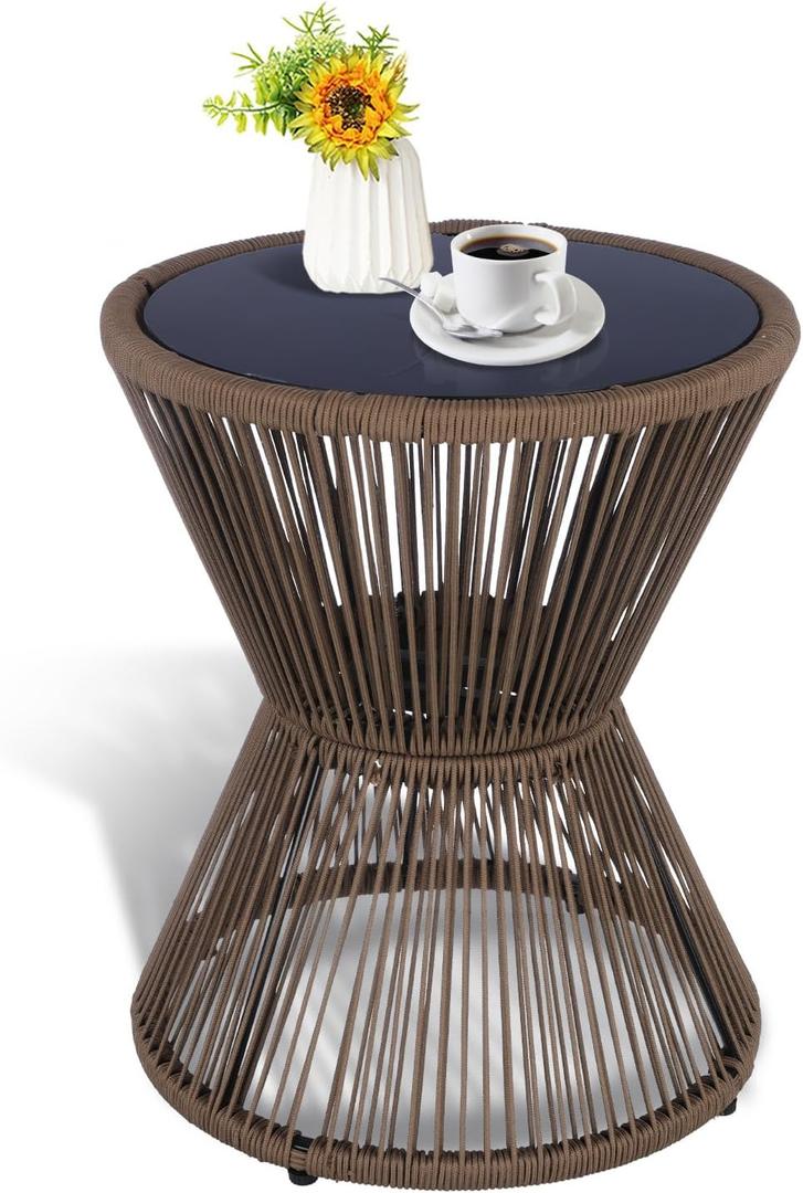 LEWIS&WAYNE Small Outdoor Side Table Patio 20 H Woven Rope Hourglass End Table with Glass Top Round Coffee Table for Living Room Outdoor Patio Backyard Poolside (Brown)