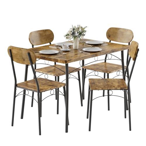 VECELO Dining Table Set for 4, 5-Piece Kitchen Table with 4 Chairs, MDF Board Tabletop with Metal Frame for Small Space, Compact Dinette, Breakfast Nook, Brown