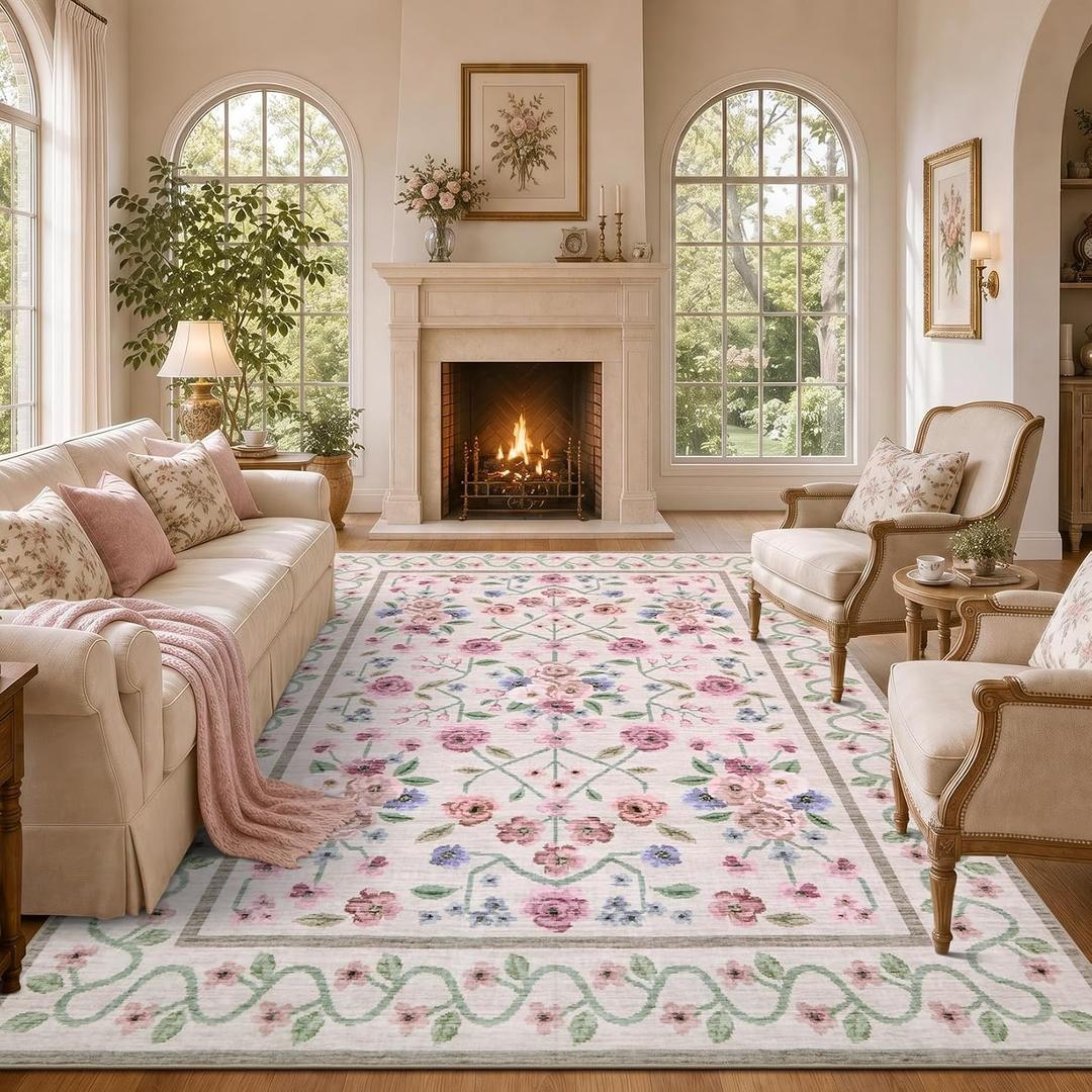 Garvee Beige Floral 8x10 Area Rugs for Living Room Bedroom