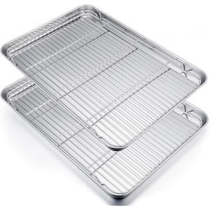 P&P CHEF 19.6 Inch Stainless Steel Baking Sheet with Rack Set (2 Pans+ 2 Racks), Cookie Sheets Pans Baking Trays and Cooling Wire Racks, Oven & Dishwasher Safe, Pans with Flat Racks