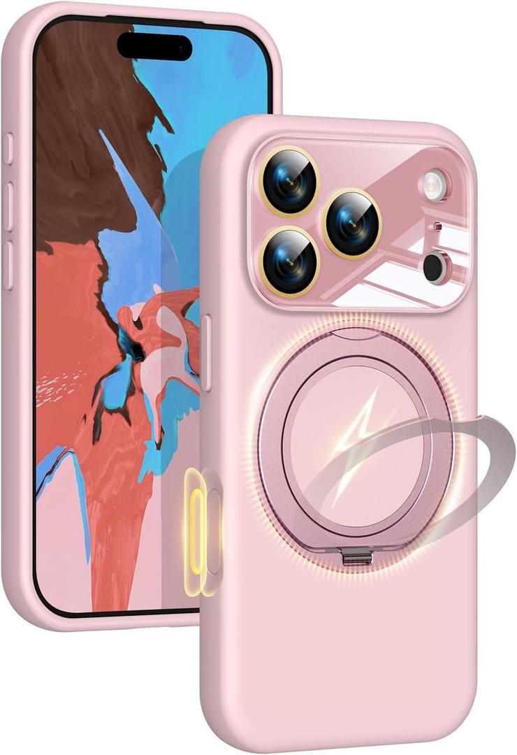 Silicone 360 Spin Magnetic Stand Case for iPhone 17 Pro, [Compatible with Mag-Safe][Reinforced Hard Camera Protection] Liquid Silicone Rubber Phone Case Cover with Ring, Camera Button, Pink