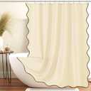 ORTIGIA Beige Shower Curtain with Brown Scalloped Edge 72 W x 84 H Inch Extra Long, Farmhouse Neutral Cream Aesthetic Boho Shower Curtain Waterproof Fabric Bath Bathroom Decor Metal Hook