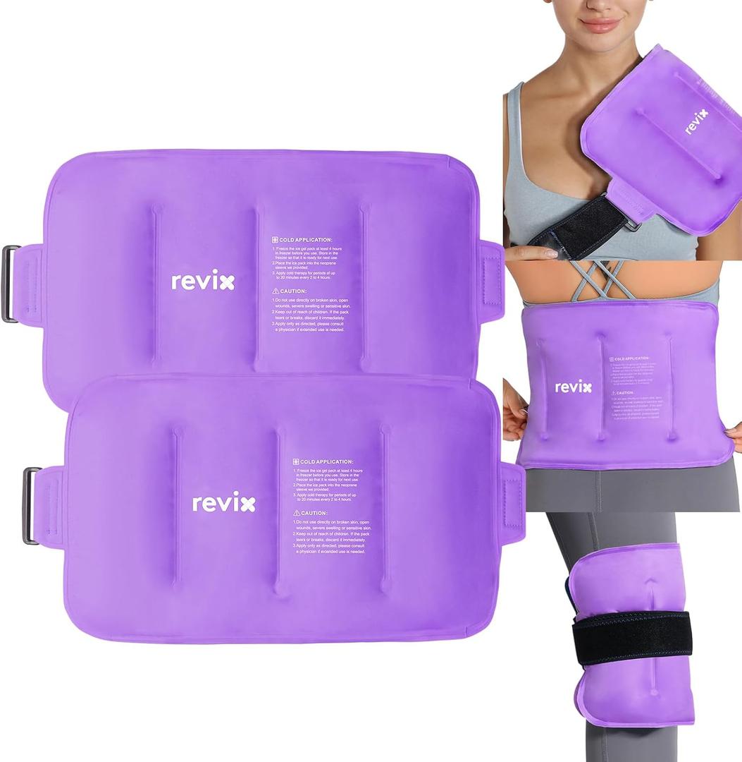 REVIX 2-Pack Large Cold Packs for Back, Rotator Cuff, Hip, Knee, and Shin, Versatile Cold Compress with Soft Plush Lining and Strap, 16"  9"