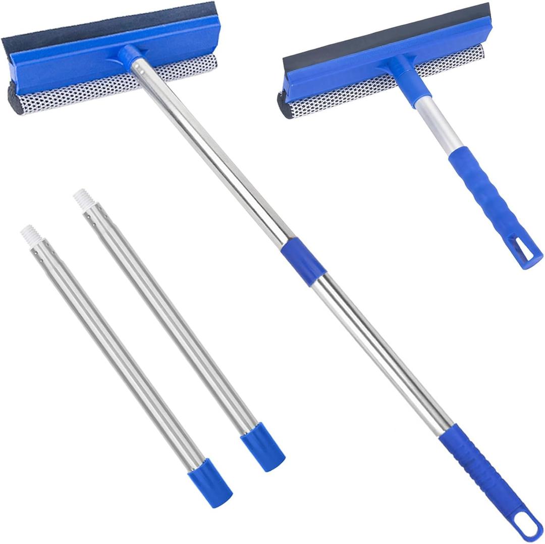 Window Squeegee for Home, 56'' Long Handle Shower Door Cleaner Tool, 2-in-1 Glass Scrubber for Car Windshield Cleaning (Blue)