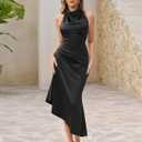HTZMO Satin Mock Neck Backless Midi Dresses Ruched Back Tie Elegant Wedding Guest Formal Cocktail Party Dresses (Black, S)