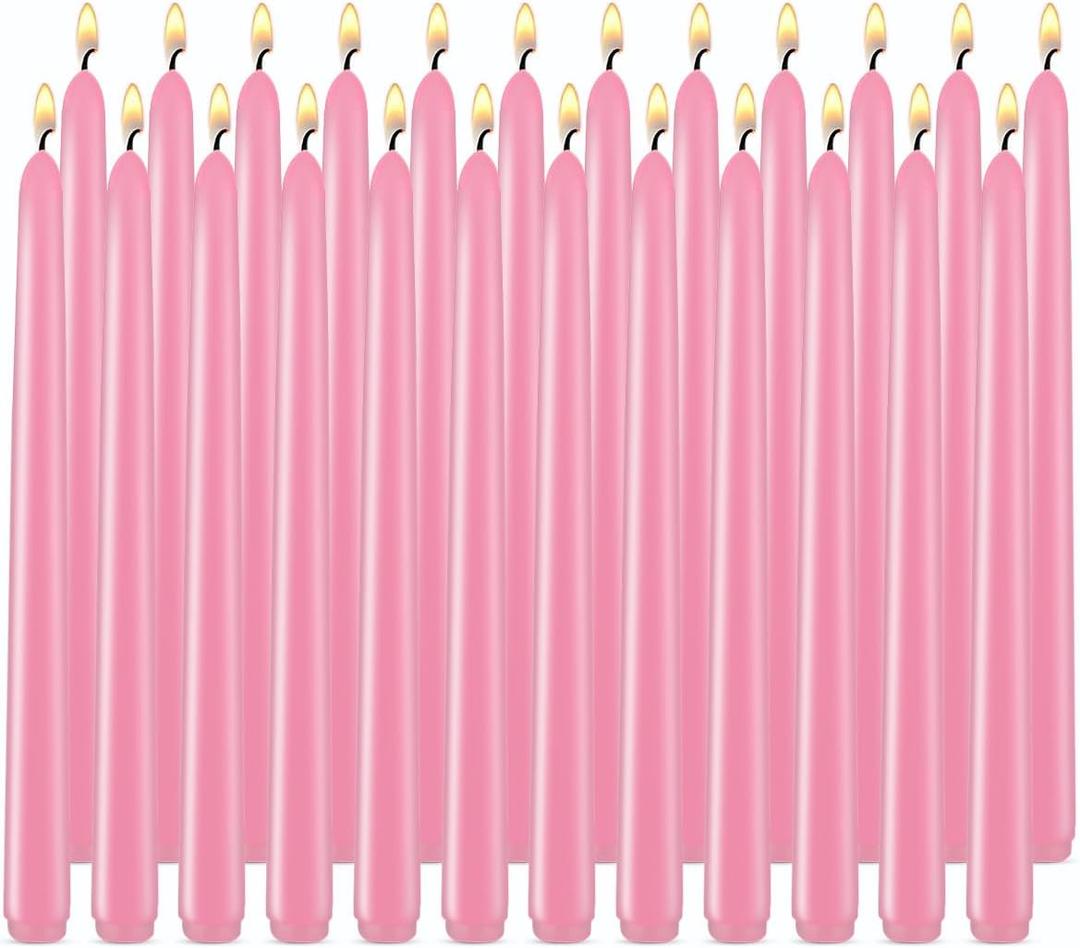 Pink Taper Candles, Set of 24 Unscented and Smokeless 10 Inch Taper Candles Long Burning, Paraffin Wax with Cotton Wicks for Burning Approxinately 7-8 Hours Time