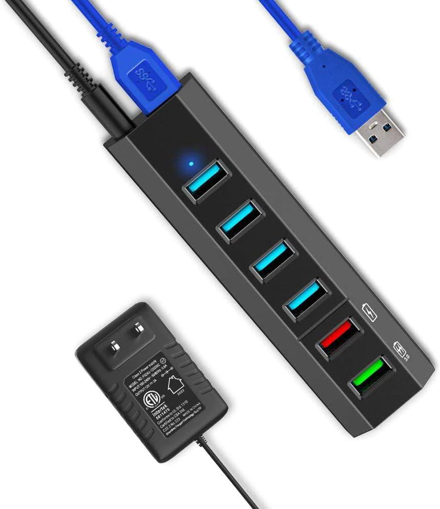 USB Hub, Aiibe 6 Ports Super High Speed USB 3.0 Hub Splitter + 24W Power Adapter + USB 3.0 Cable, Black Smart Fast Charger Powered USB Hub for Laptop, Mac, PC, Mobile HDD, Mulitple Devices