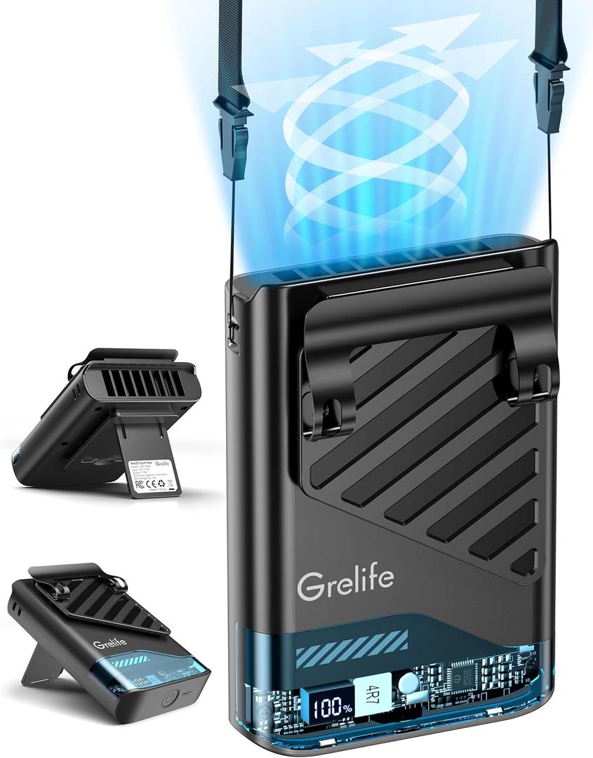 Grelife 2025 AI Portable Waist Fan Rechargeable with LED Display & 40H Runtime,5 Speed 10000RPM Cooling Personal Clip Fan,33ft/s Wind Speed Neck fan for Outdoor Work,Camping,Farm,Jobsite(Black)