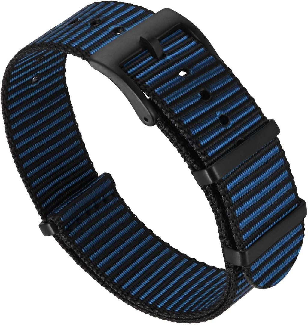 Nylon Watch Strap, 18 mm 20 mm 22 mm Replacement Watch Band, One Pieces Strap for Men or Women,Adjustable and Breathable,Stainless Steel Buckle (Black with Blue-Black Buckle)
