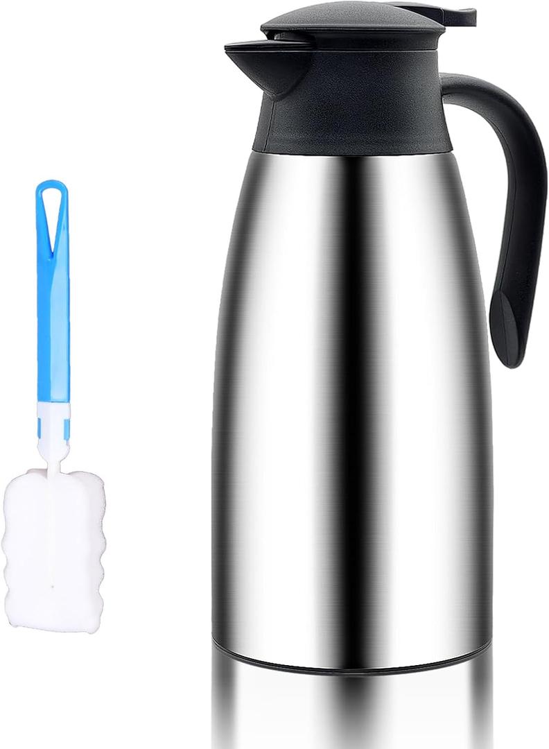 1 Pack Thermal Coffee Carafe, Insulated Stainless Steel Kettle for Hot Drinks, Double Walled Vacuum Thermal Pot Flask with Brushes for Keeping Hot Coffee&Tea Home and Office(68 OZ)