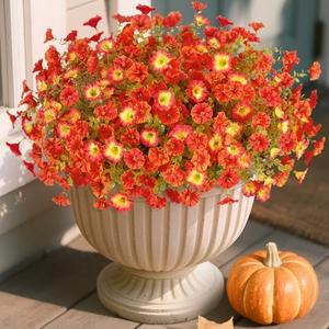 INXUGAO Fake Fall Flowers Artificial for Decoration, 12 Bundles Faux Plants Silk Orange Flowers Morning Glory Petunias Realistic UV Resistant for Outdoors Planter Porch Patio Window Box, Sunset 2 Pack