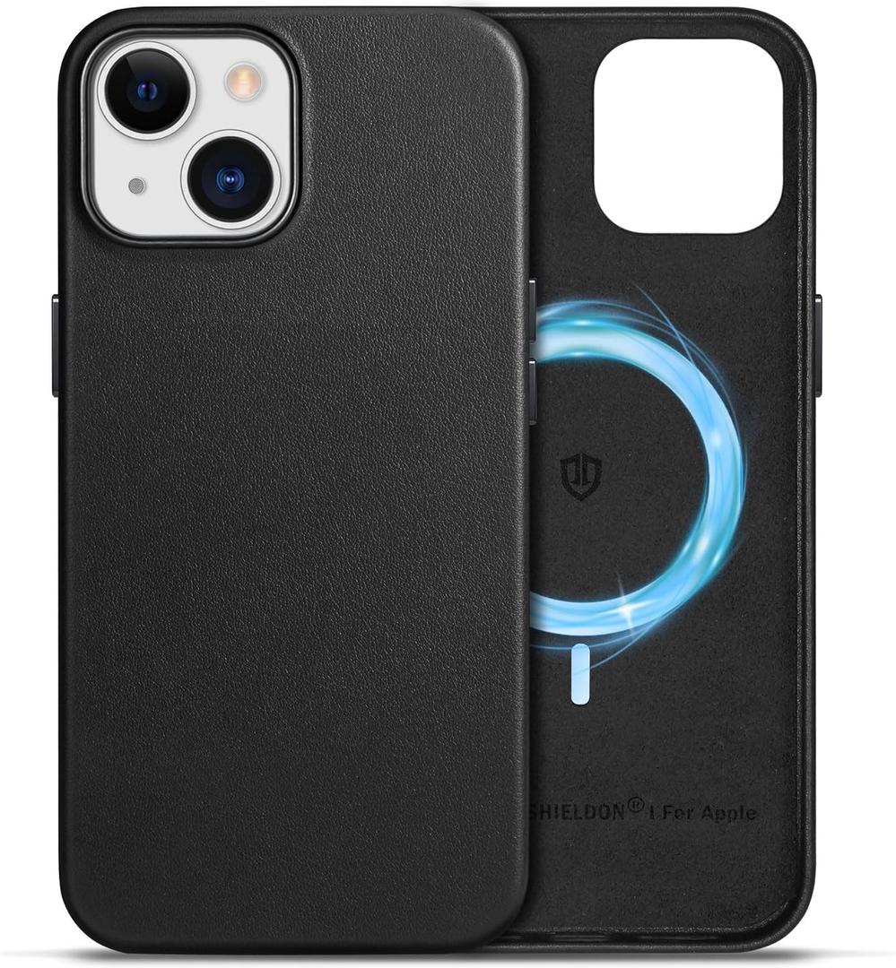 SHIELDON Case for iPhone 15 6.1", Genuine Leather Magnetic Wireless Charging Slim Fit Elegant Non-Slip Shockproof Protective Phone Case Cover with Metal Buttons Compatible with iPhone 15 2023 - Black