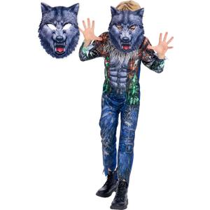 Boys Werewolf Costume, 2 Pcs Howling Wolf Suit Jumpsuit with Mask for Kids Girls Halloween Dress Up 5-6 Years