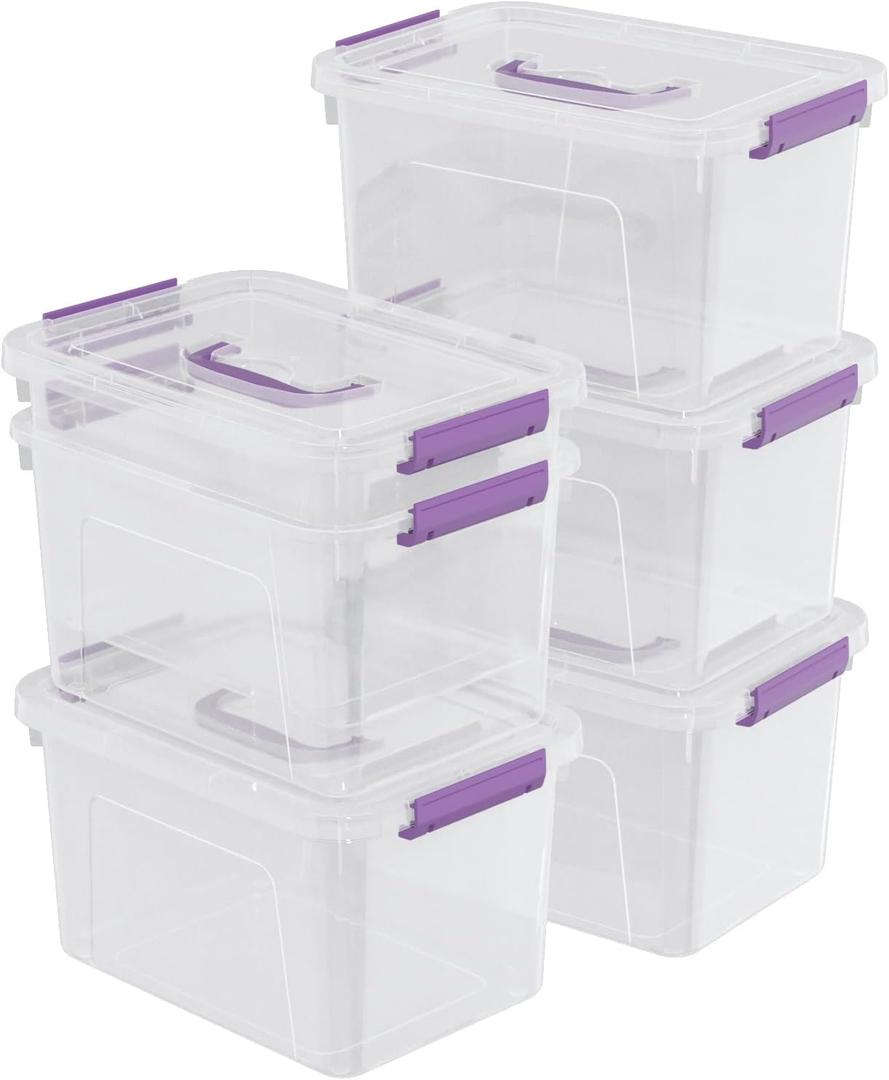 Sandmovie 6 Quart Clear Latching Box with Lid and Handles, Clear Plastic Storage Tote, 6 Packs (Clear, Bright Purple (6 Qt))