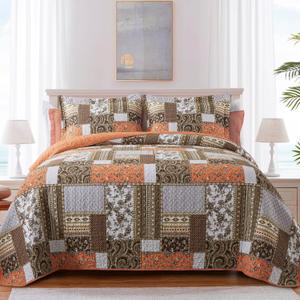 BEDIFANY Cotton Quilts King Size for Farmhouse- Fall Patchwork Bedspread Set - Highly-Woven Soft Reversible King Size Bed Spread for All Seasons (Floral Orange) 3 Pieces (King (98 * 106 in))