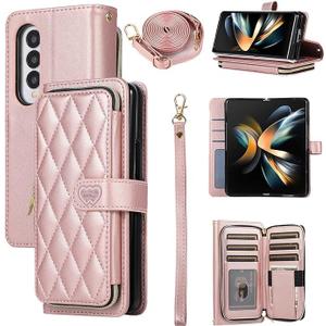 Wallet Case for Samsung Galaxy Z Fold 4 with Zipper Card Holder & Shoulder Strap & Wrist Strap, Crossbody Purse Handbag Stylish Protective Cover for Galaxy Z Fold 4 -Rose Gold