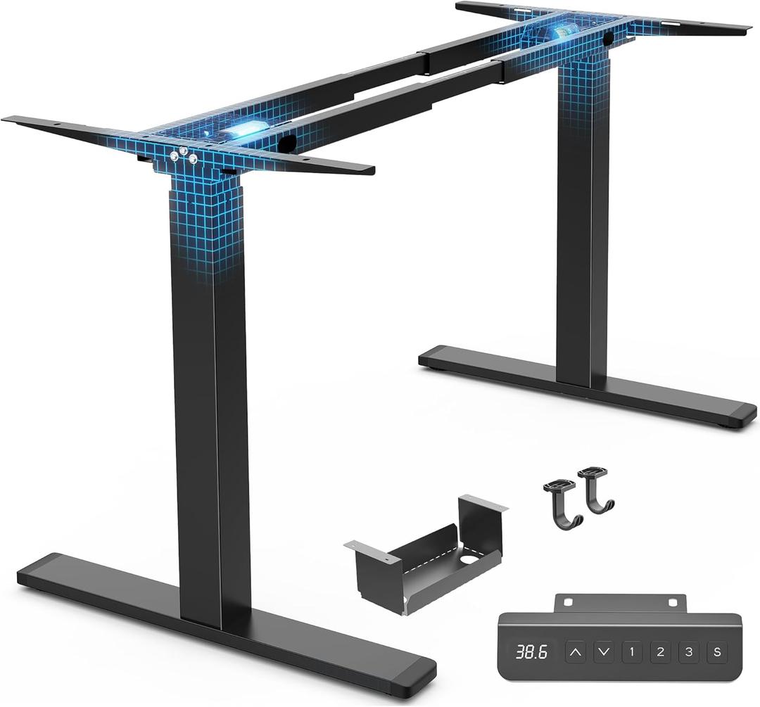 Huuger Dual Motor Electric Standing Desk Frame, Sit Stand up Desk Leg for 47.2” to 86.6” Desktop, Computer Desk Leg with Cable Tray, 3 Memory Height Presets, 2 Hooks, Black Frame Only, 33.09" L x 5.51" W x 28.4"-46.5" H