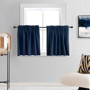 DONREN 24 Inch Length Blackout Short Curtain Panels for Small Window - Navy Blue Thermal Insulated Room Darkening Rod Pocket Tiers for Bedroom (42 by 24 Inch 2 Panels)