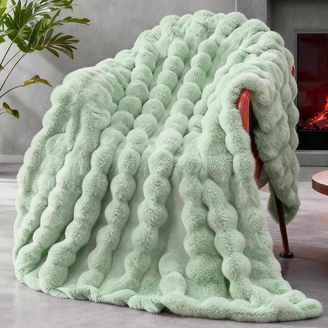 Faux Fur Throw Blanket for Couch, 1000 GSM Cozy Fuzzy Fluffy Soft Plush Thick Bubble Sherpa Blanket for Sofa Bedroom Living Room, Mothers Day Birthday Gifts for Women Home Decor (50*60, Sage Green)