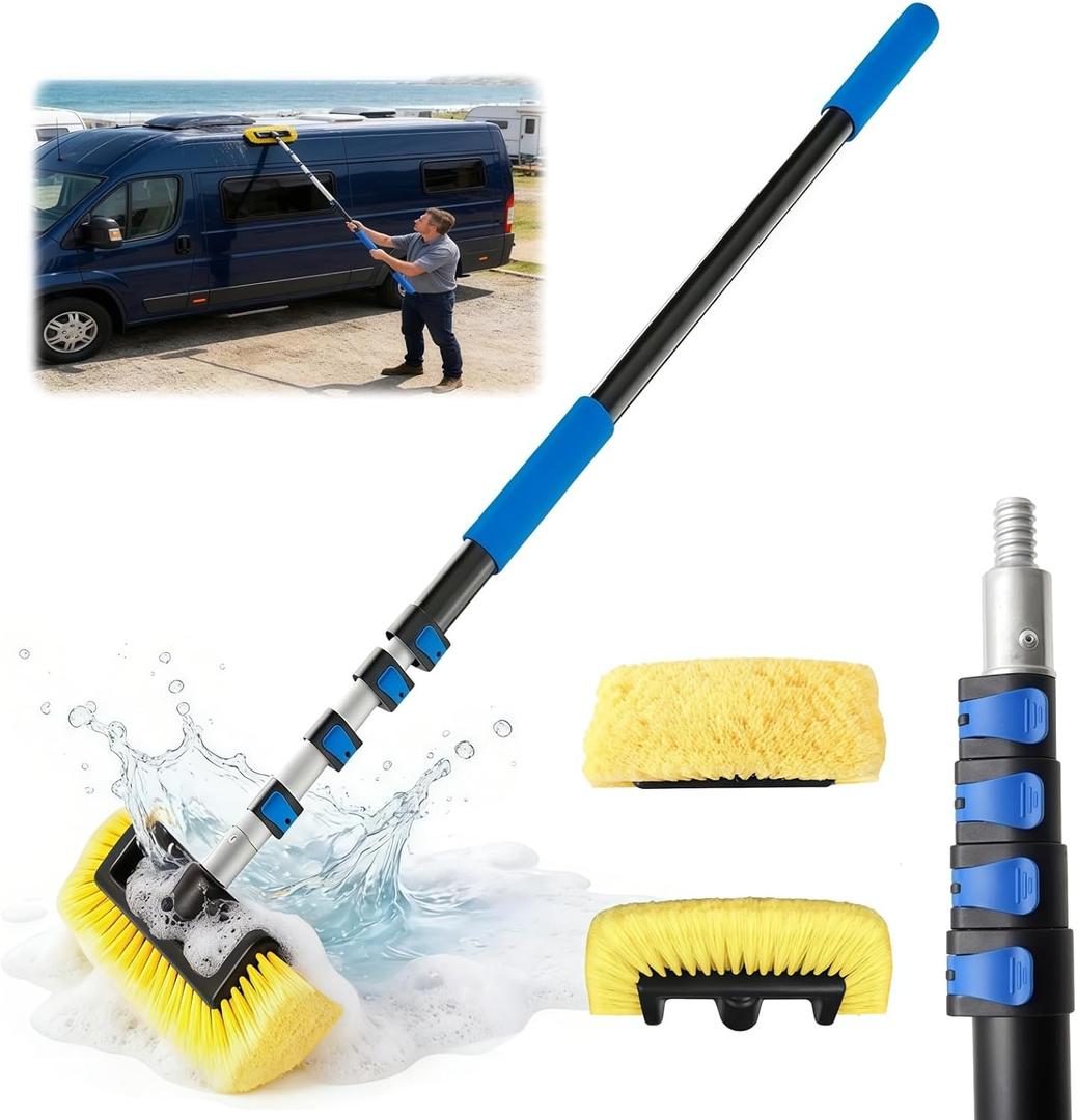 18FT Reach Car Wash Brush with Long Handle, 3 to 12 FT Car Cleaning Brush with Soft Bristle, Aluminium Telescoping Pole for Solar Panel, House Siding, SUV, Cars, Trucks, RV, Floors, Navy