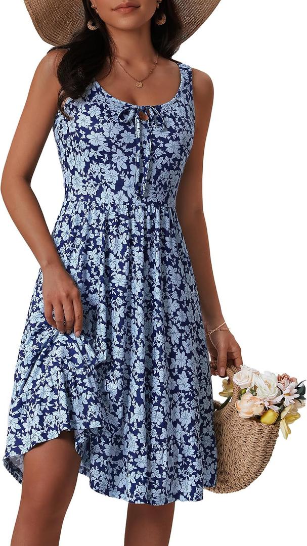 FENSACE Womens Summer Dresses Flowy Empire Waist Sleeveless Sun Dress Graduation Beach Dresses for Women(Blue Floral-4,Small)