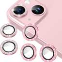 AGVEE 3+3 6 Pack Camera Lens Protector Compatible with iPhone 15/15 Plus, Bling Diamond & Glitter Metal Ring 9H Tempered HD Glass Camera Protector Cover Film, Bling-Pink