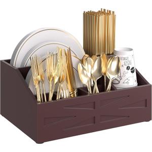 Paper Plate Dispenser,for Countertop,Paper Plate Holder for Kitchen Counter,Wood Rustic silverware holder,paper plate organizer for Fork Knife Spoons Plates,Silverware Caddy for Party,Camping (Brown)