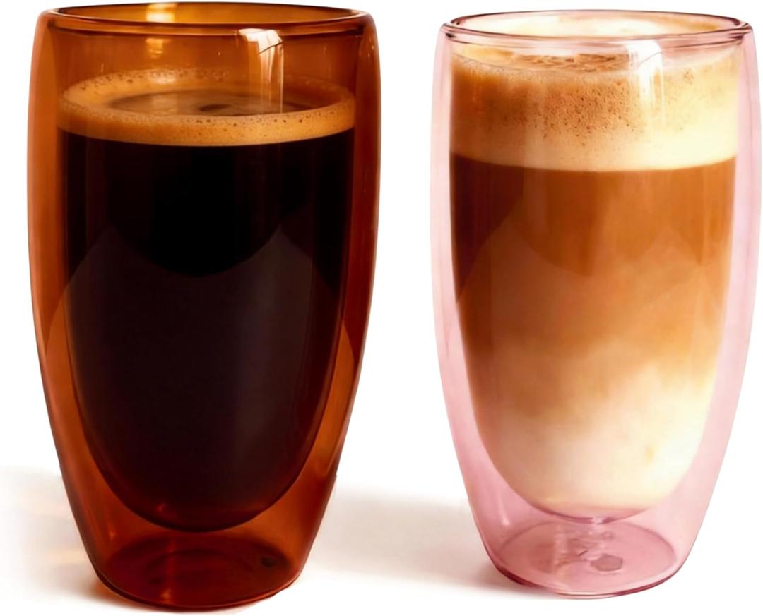 Double Wall Glass Cup Set of 2 - Insulated Coffee Mugs for Hot&Cold Drinks Home Caf Colored Premium Borosilicate Glass in Amber Brown/Rose Pink