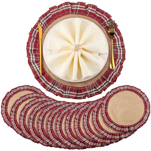 HunnmingRe 12 Set Round Christmas Plaid Placemats 15.7 Inch Christmas Checkered Tartan Table Mats Xmas Faux Burlap Fabric Table Mats for Xmas Holiday Dinner Party Decoration(Red White)