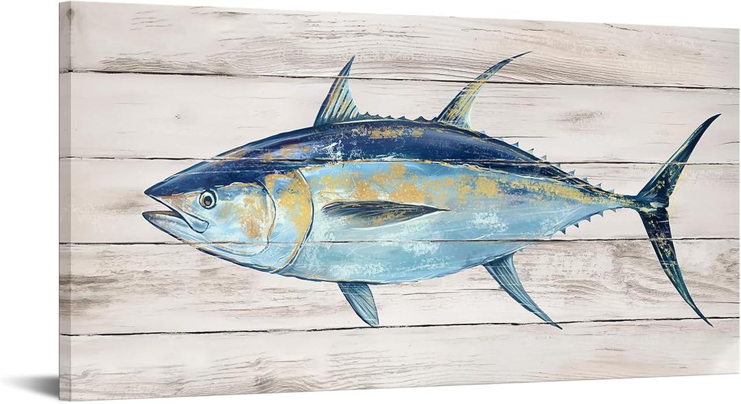 KREATIVE ARTS Blue Tuna Fish Canvas Print on Wood Background Ocean Wildlife Artwork for Kitchen, Living Room, Beach House, and Bathroom Decor 20x40 Inch Ready to Hang