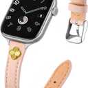 STROLL Thin Leather Band Compatible with Apple Watch Bands 42mm(Series 11 10) 41mm 40mm 38mm Women, Stylish Genuine Leather Strap with Charms, Slim Wristband Design for iWatch SE Series 9 8 7 6 5 4 3 2 1, Pink Sand/Silver