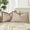 JUSPURBET Champagne Decorative Lumbar Velvet Fringe Throw Pillow Covers 12x20 Set of 2 Boho Soft Cushion Case for Home Decor Living Room Couch Sofa Bed