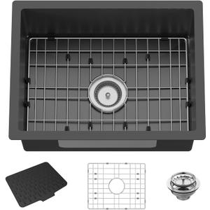 21x16In Black Kitchen And Bar Sink - Small Stainless Steel Undermount Single Bowl Drop In Kitchen&Bar Sink Ideal Choice For Small Space, Prep Area, RV With Bottom Grid,Soap Mat And Drain Assembly