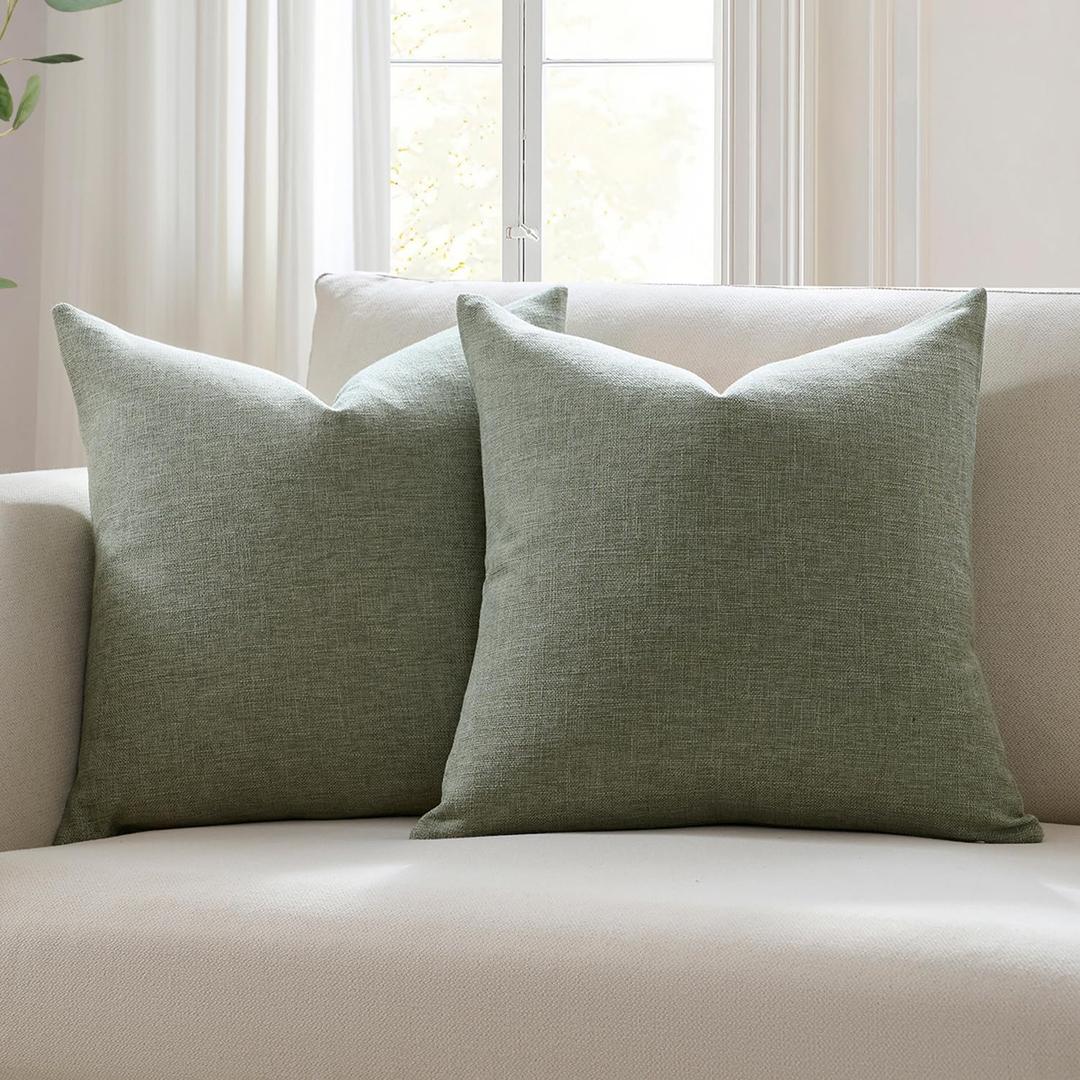 Meekio Set of 2 Dark Sage Throw Pillow Covers 18x18, Modern Farmhouse Linen Blend Decorative Pillow Covers for Couch Sofa Bed, Neutral Home Decor