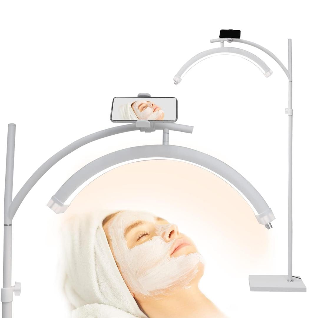 Lash Light for Eyelash Tech,LED Lash Floor Lamp Half Moon Light for Lashes Esthetician Lamp with Phone Holder Portable Button Adjustment Lamp for Beauty, Eyebrows, LAMP NR White