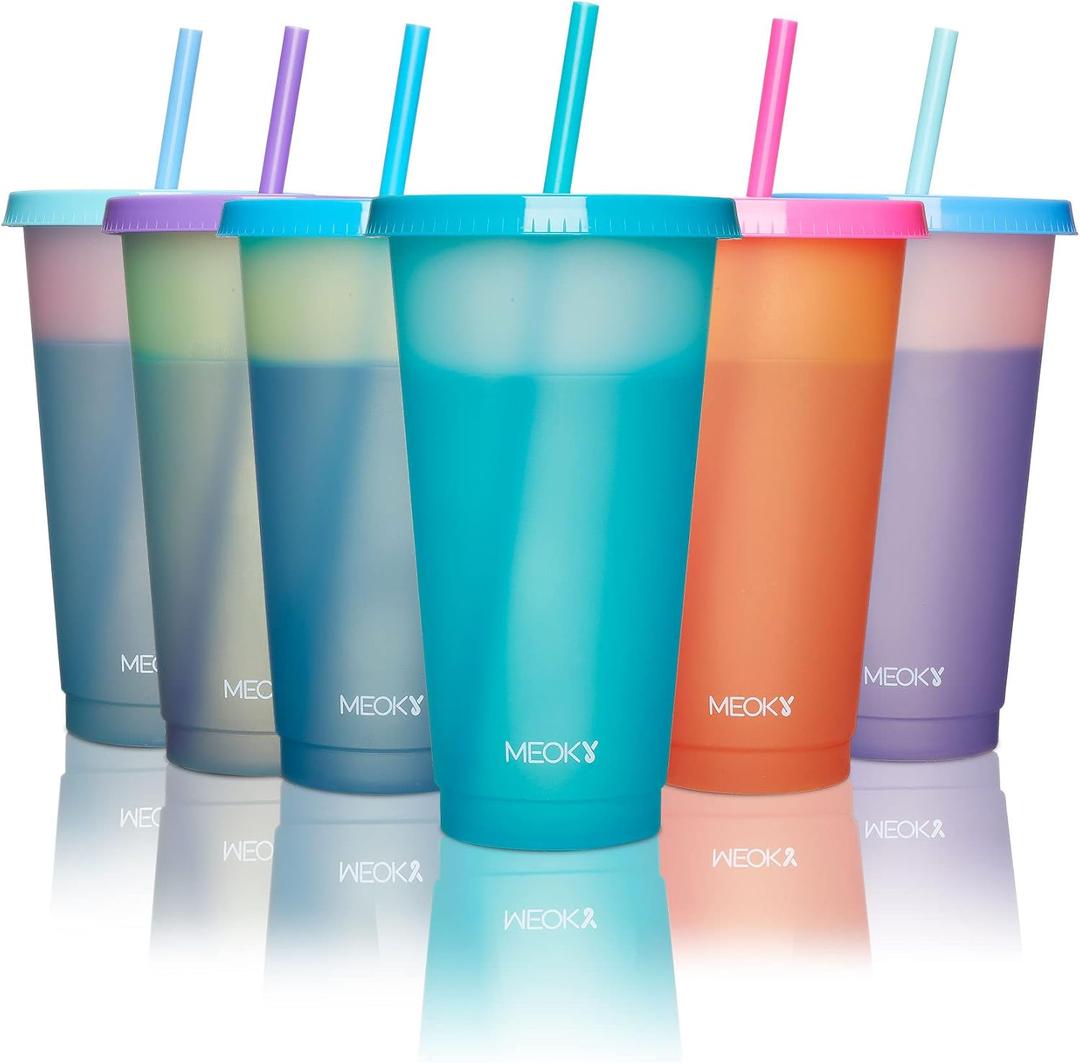 Meoky 12Pack Plastic Cups with Lids and Straws 24oz Reusable Color Changing Cups for Adult Kids Cold Coffee Drinking Tumblers Summer Party Cups