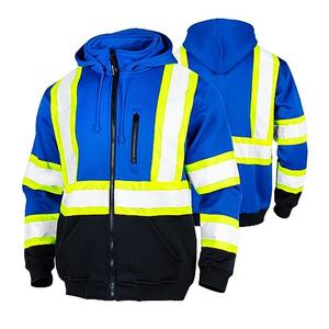 FONIRRA Hi Vis Safety Fleece Zip Hoodie for Men Reflective Sweatshirts ANSI Class 3 Jackets Detachable Hood (Blue,2XL)