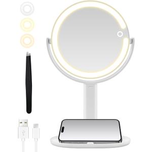 Makeup Mirror with Lights, Double Sided 1x/20x Magnifying Mirror with Light, Rechargeable 3 Color Lights and Adjustable Brightness, 360 Rotation Detachable Comes with Tweezer(White) (11.8"L x 8.7"W)