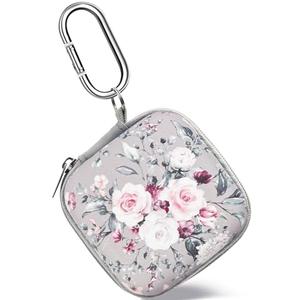 Square Earbud Case Headphone Organizer Ear Bud Case Portable EVA Carrying Box Storage Bag with Carabiner for AirPods Beats Bose Galaxy Buds 3 Data Cable Storage (Pink Rose)