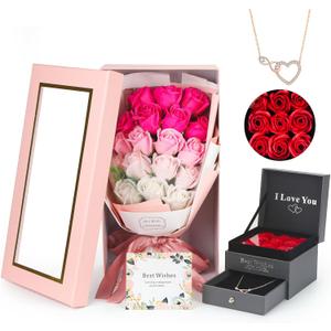 Rose Bouquet Rosas Eternas Preserved Rose Bouquet 18 Flower Bouquet with Beautiful Love Necklace, Unique Gift for Birthday, Valentine's Day, Mother's Day, Thanksgiving, Christmas, Anniversary (Pink and Red)
