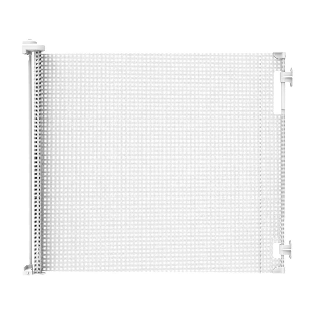 Retractable Baby Gate Perma Child Safety 41" Tall x 71 Wide, Mesh, for Stairs, Doorways, Dogs, Pets, Indoor, Outdoor, One-Handed Operation, Locking, Easy Install, Hardware Mount, White