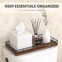 Toilet Paper Basket Organizer Oak Wood Toilet Tank Tray with Metal Frame, Bathroom Counter Top Storage for Toilet Paper, Wipes & Decor, Modern Narrow Back of Tank Shelf Organizer, Black & Brown