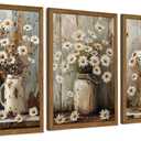 InspiredHues 3 Piece Elegant Farmhouse Canvas Wall Art, Vintage Floral Pictures Wall Decor, Nature Themed Daisy Artwork Prints for Living Room Bedroom Kitchen Home Decoration 16x24 Inch Wood Framed