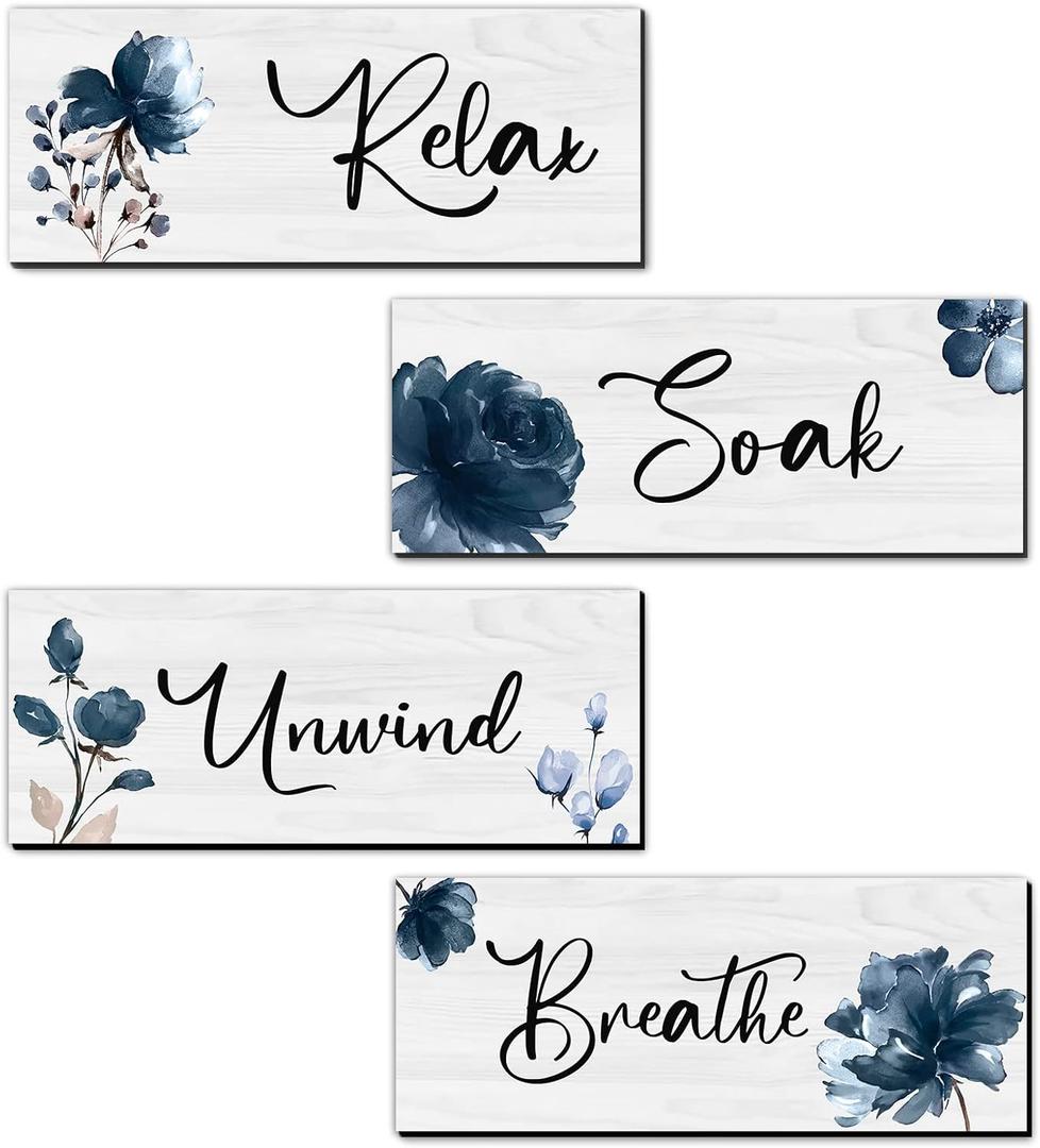 4 Pieces Rustic Farmhouse Bathroom Wall Decor - Relax Soak Unwind Breathe Wood Hanging Sign for Home Spa and Laundry (Dark Blue)