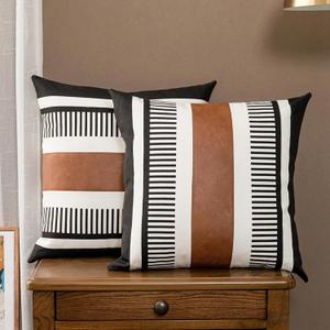 Set of 2 Striped Boho Throw Pillow Covers 16x16 inch, Modern Leather Pillow Cover for Couch Sofa Bed, Farmhouse Decor Patchwork Accent Pillowcase, Black Set of 2 Striped Boho Throw Pillow Covers 16x16 inch, Modern Leather Pillow Cover for Couch Sofa Bed, Farmhouse Decor Patchwork Accent Pillowcase, Black