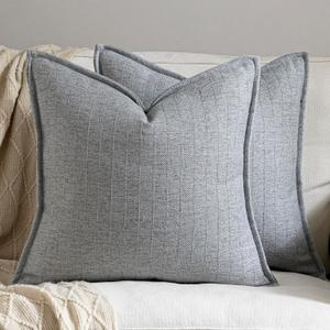 DEZENE 24x24 Linen Pillow Covers Steel Blue Pack of 2 Farmhouse Boho Neutral Accents Striped Textured Square Decorative Throw Pillow Cases for Living Room Couch Bed Home Decor
